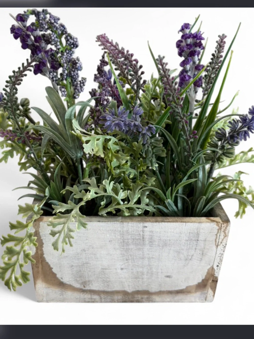 Rustic Lavender and Green Faux Floral Arrangement in Distressed White Planter